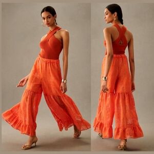 Anthropologie Orange Flowy Chiffon Palazzo Ruffle Pants Size Medium Wide Leg